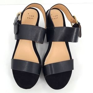 A New Day 9 Black thick strap gild ankle buckle wedge heel cute sexy